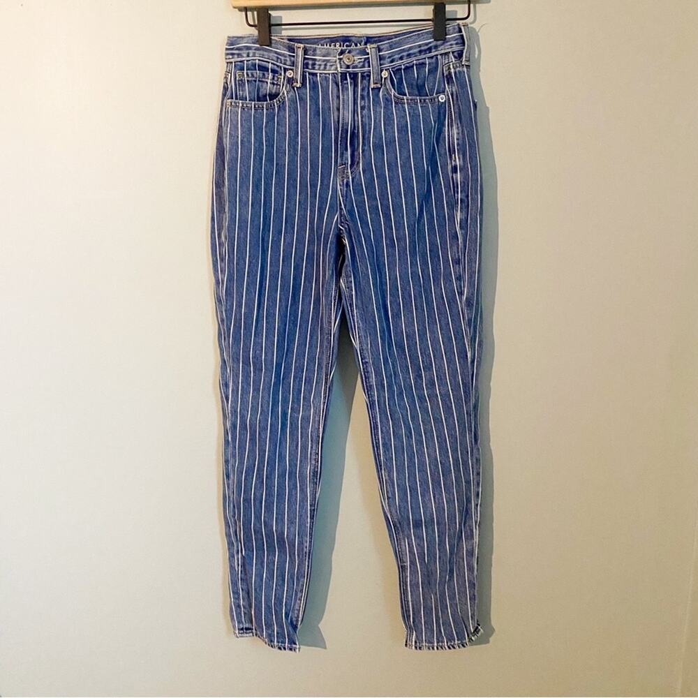 American Eagle High Waist Mom Stripe Straight Leg Mom Jeans